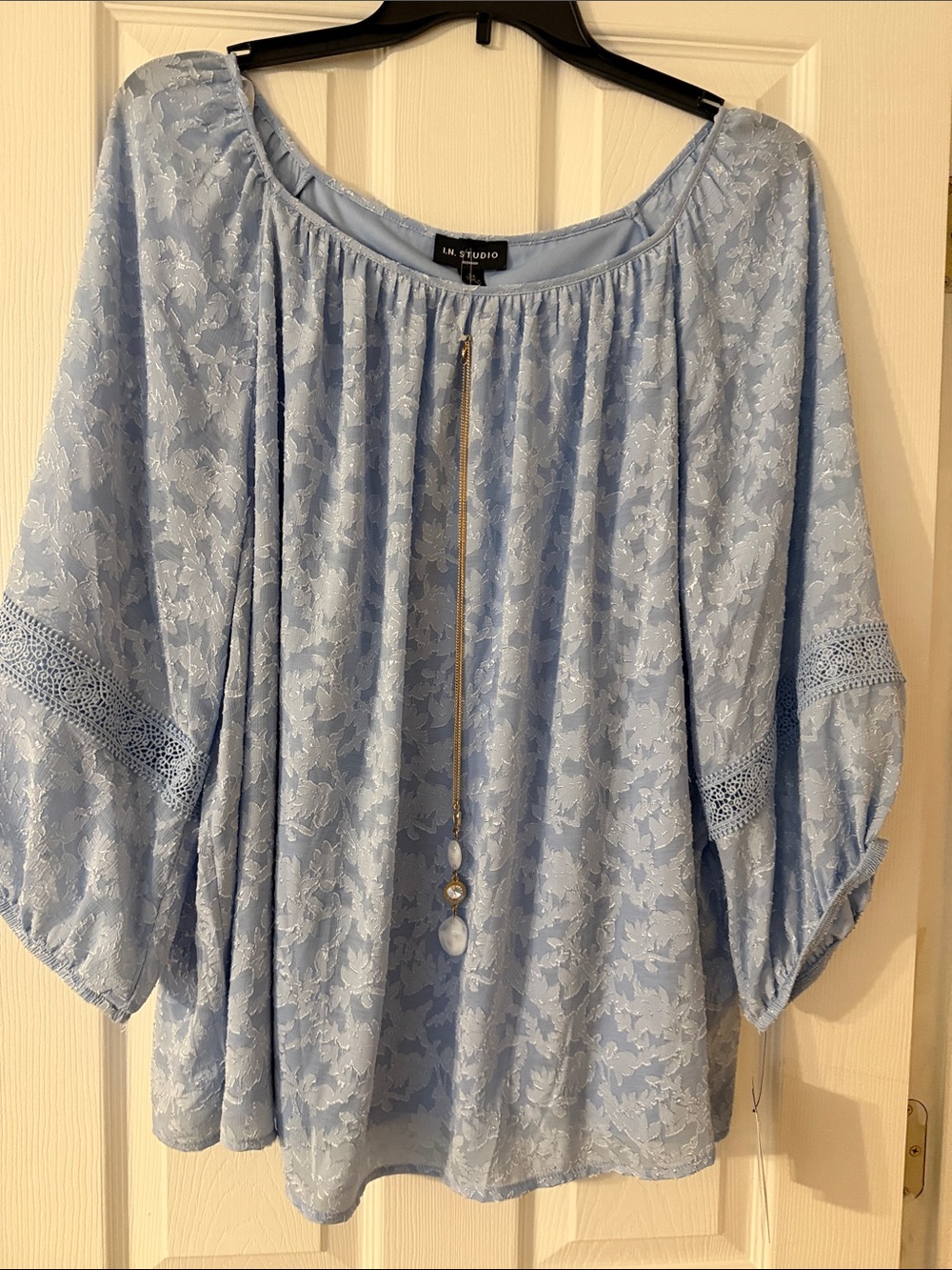 I.N. Studio Light Blue Lace Crochet-Sleeve Tunic
